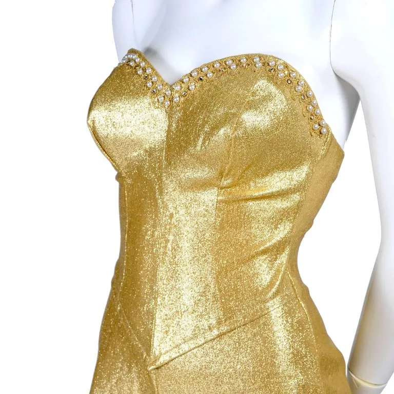 1950s Strapless Vintage Jumpsuit in Gold Lurex w/ Rhinestones & Pearls