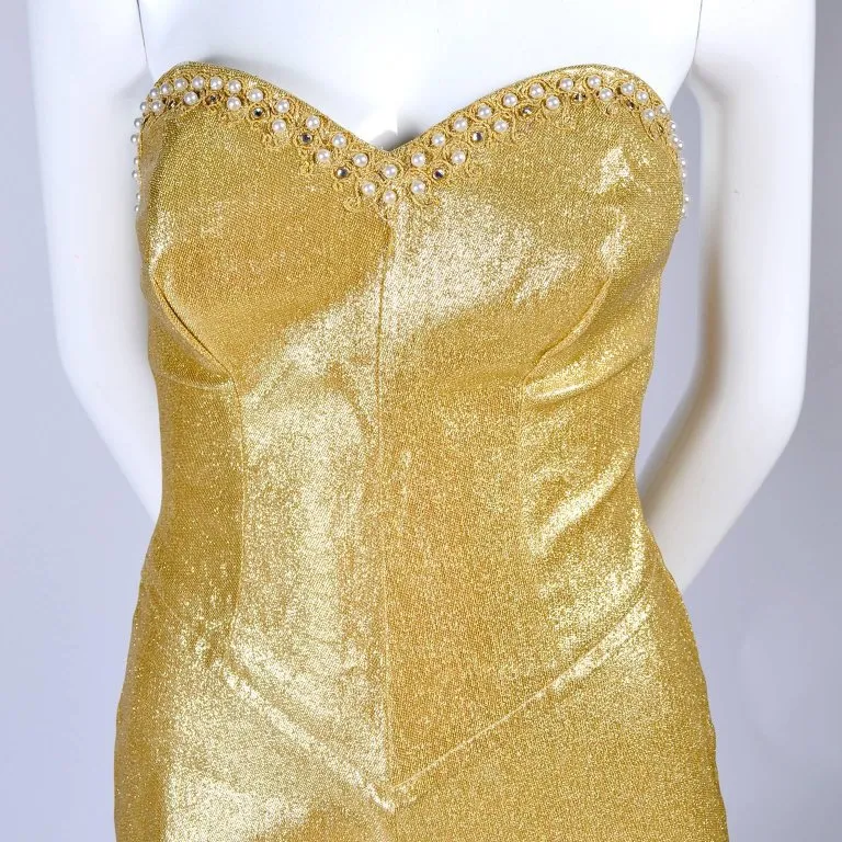 1950s Strapless Vintage Jumpsuit in Gold Lurex w/ Rhinestones & Pearls