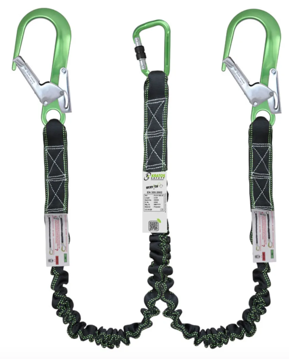 2m Gravity Y Forked Shock Absorbing Expandable Webbing Lanyard with Twin Scaff Hooks