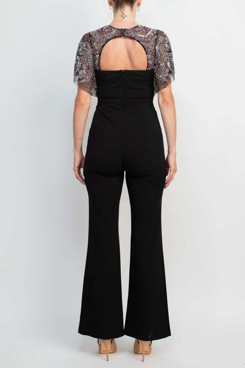 Aidan Mattox Crew Neck Cutout Front Short Sleeve Cutout Back Embellished Mesh Bodice Crepe Jumpsuit