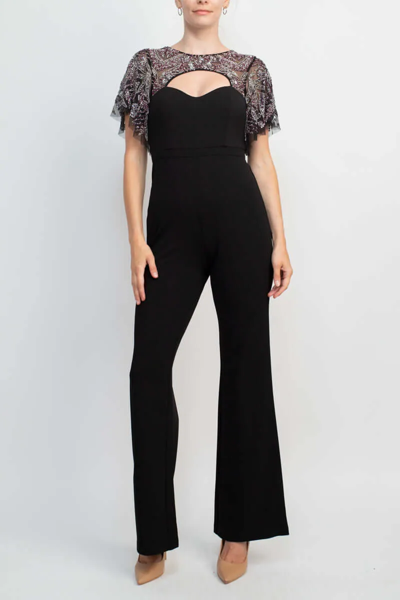 Aidan Mattox Crew Neck Cutout Front Short Sleeve Cutout Back Embellished Mesh Bodice Crepe Jumpsuit