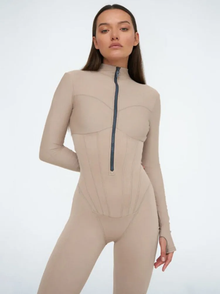 Ashore Shop Sexy Elegant Women Zip-up O-neck Long Sleeve Jumpsuit Streetwear 2023 Summer Female Overalls One Piece Fitness Sports Bodysuits