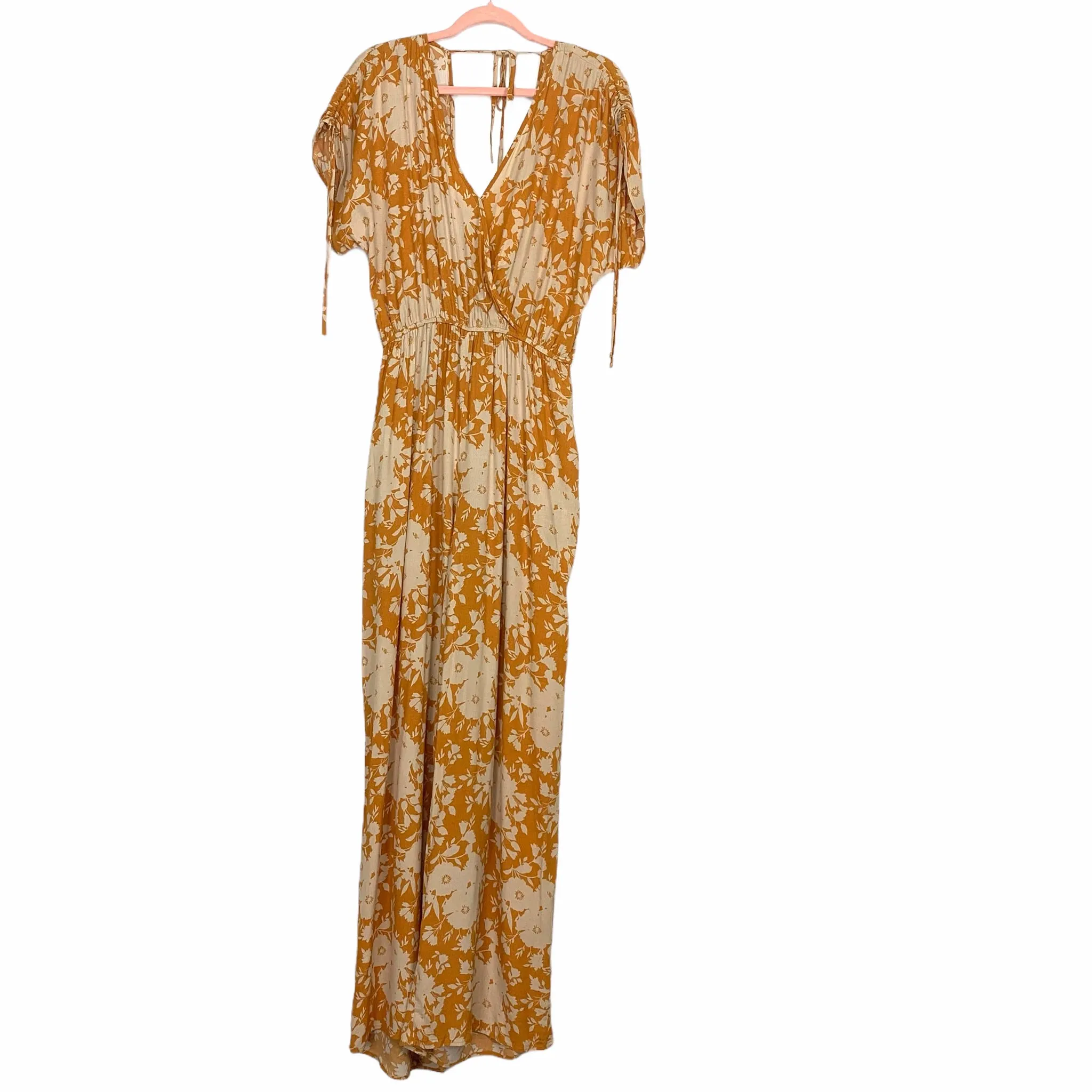 Band of Gypsies Mustard and White Floral Tie Sleeve Front Snap Surplice Jumpsuit NWT- Size S