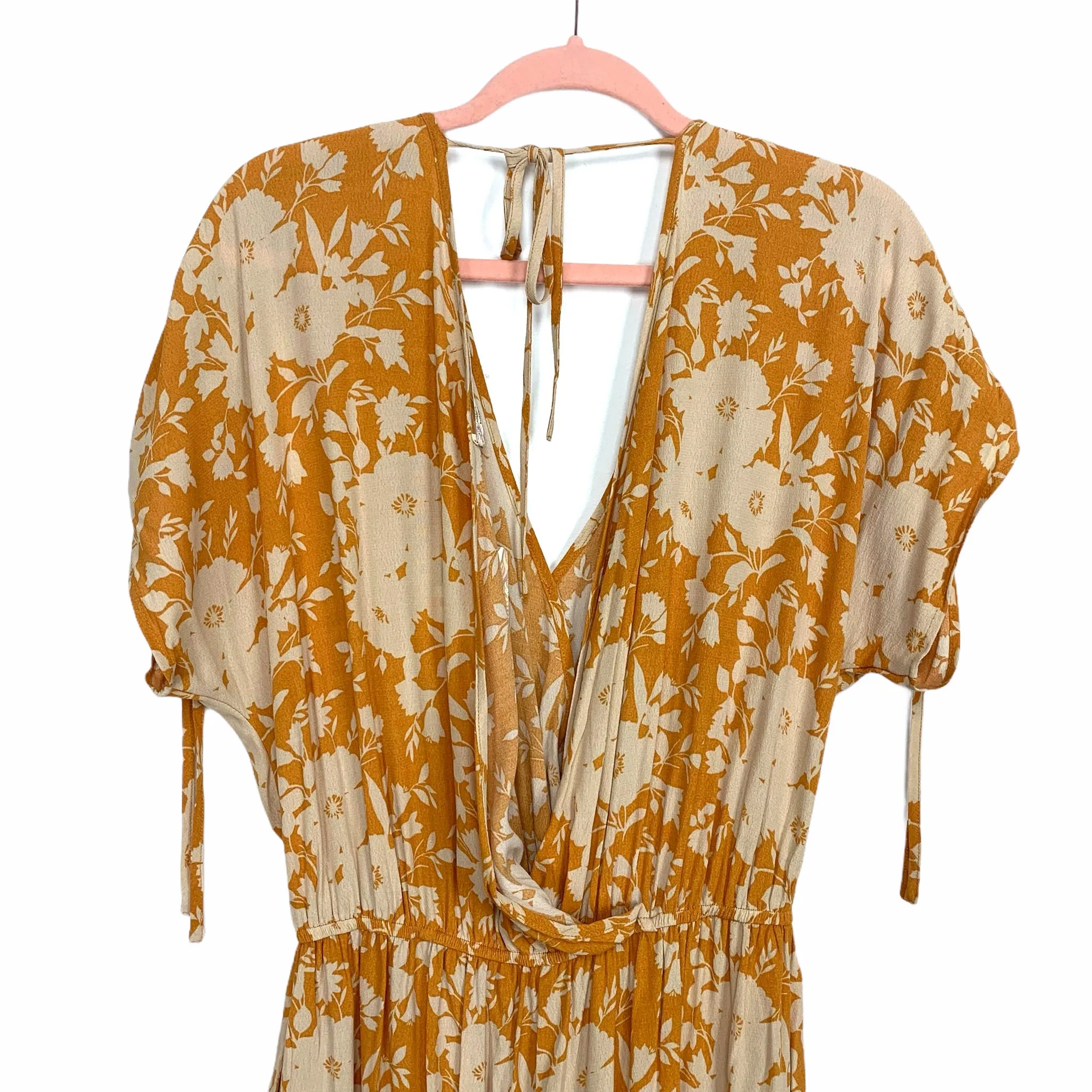 Band of Gypsies Mustard and White Floral Tie Sleeve Front Snap Surplice Jumpsuit NWT- Size S