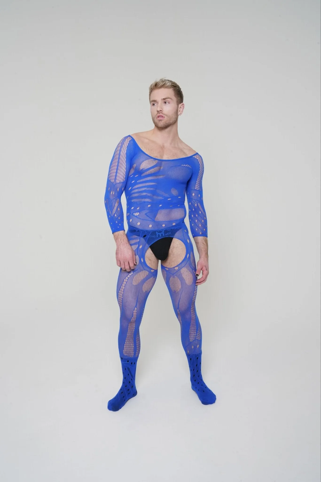 Blue Hollow Mesh Sleeve Bodysuit