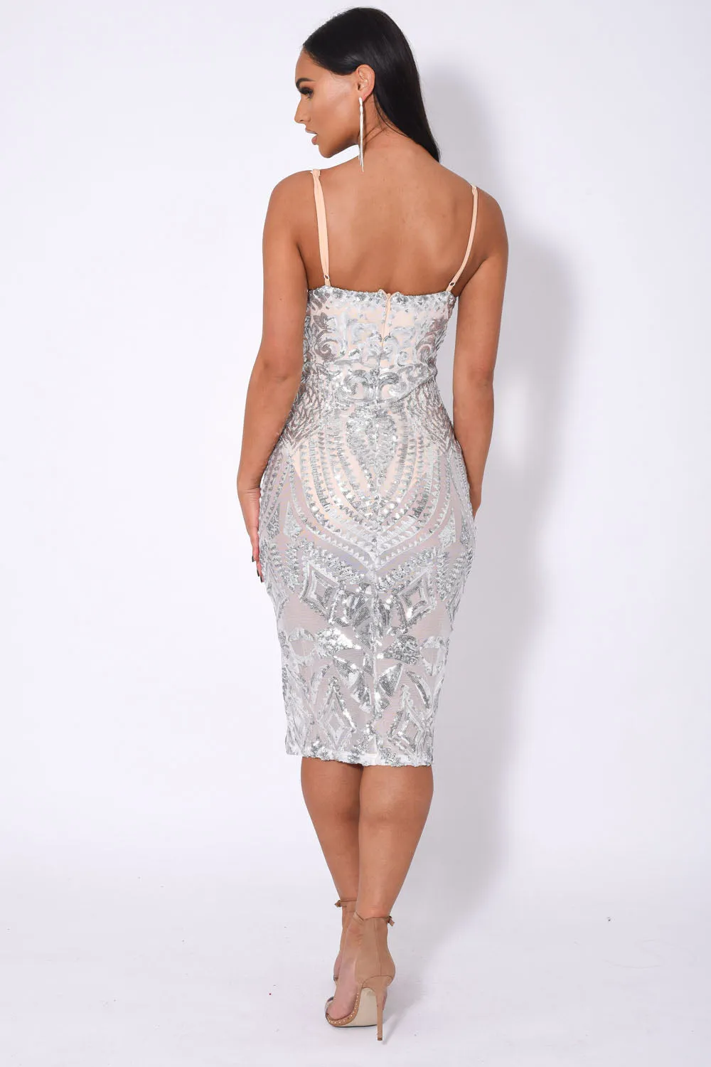 Body On Me Luxe Silver Sequin Sheer Bodysuit Midi Dress