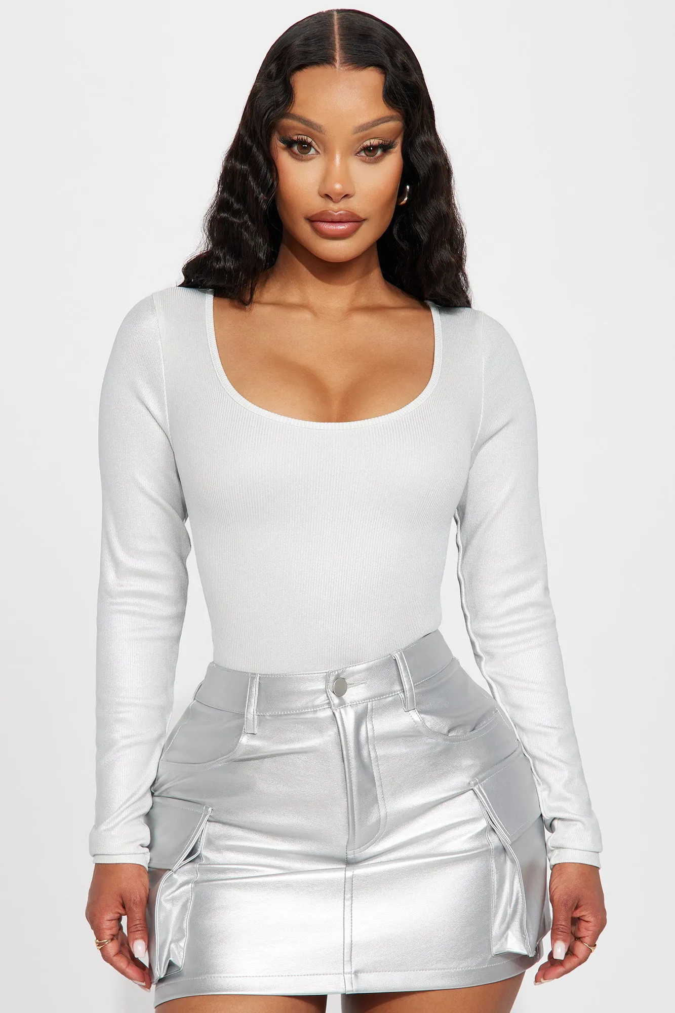 Body Shimmer Long Sleeve Bodysuit - Silver