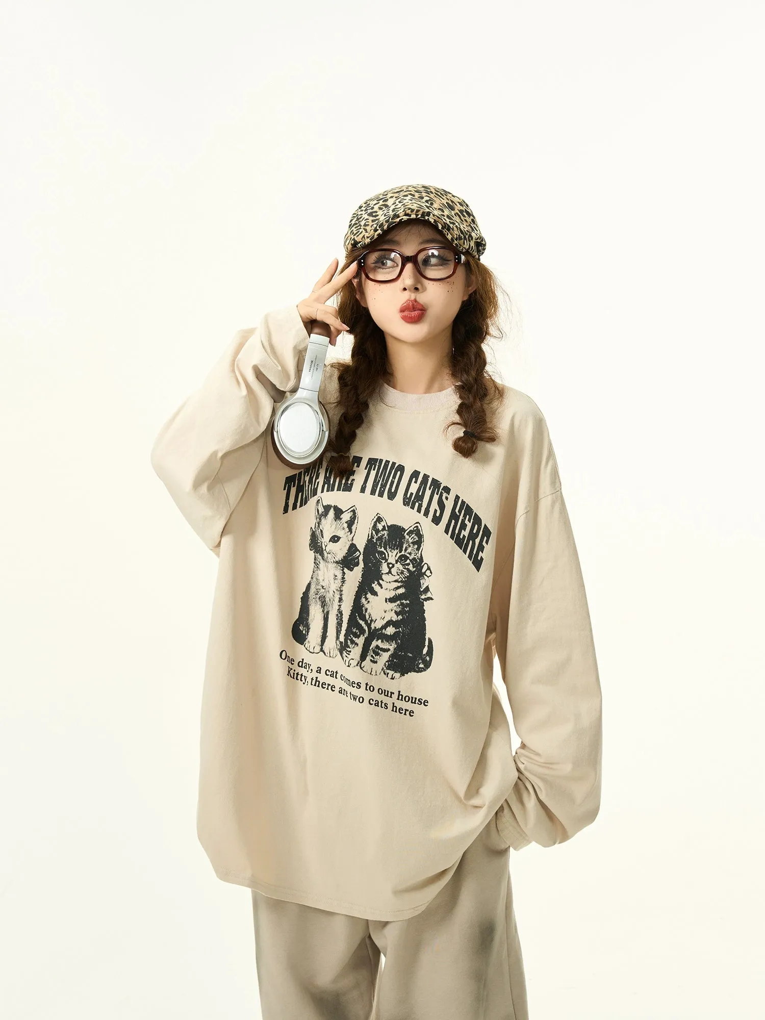 Distressed Cat Print Long Sleeve T-Shirt Loose Retro Washed Base Shirt