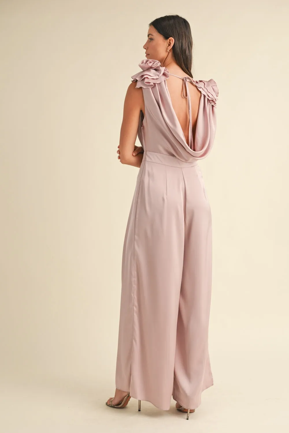 Dusty Mauve Applique Deep Cowl Neck Jumpsuit