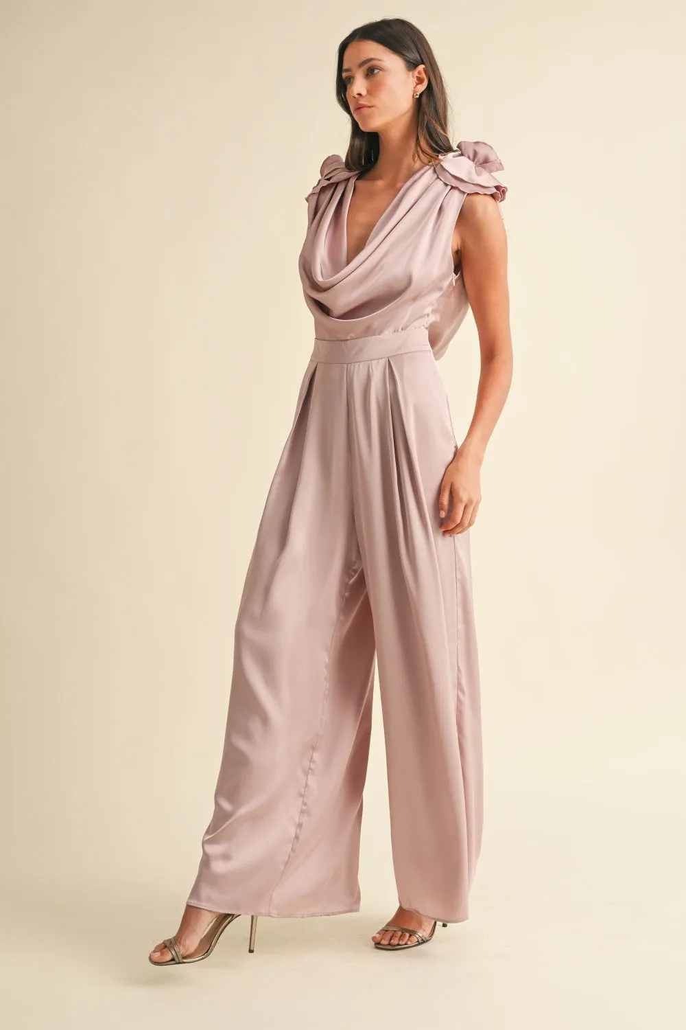 Dusty Mauve Applique Deep Cowl Neck Jumpsuit