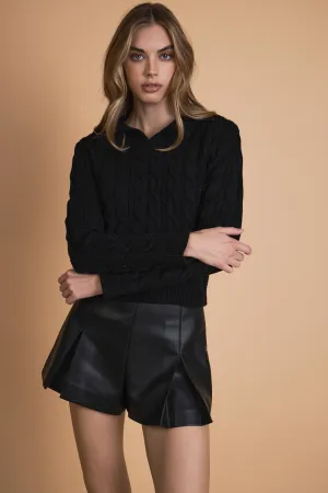 Faux leather Cable Knit Sweater