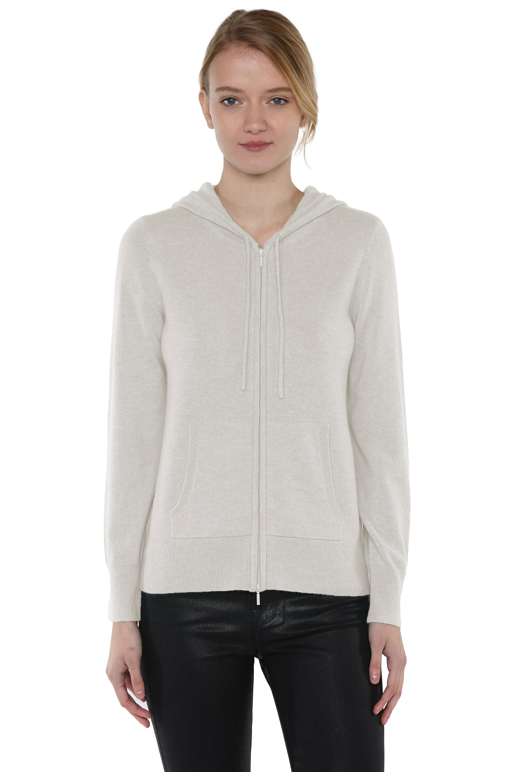 JENNIE LIU Women's 100% Pure Cashmere Long Sleeve Zip Hoodie Cardigan Sweater