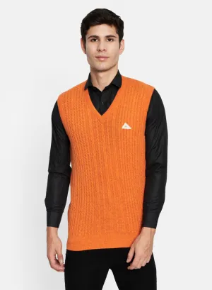 Men Orange Self Design Sweater