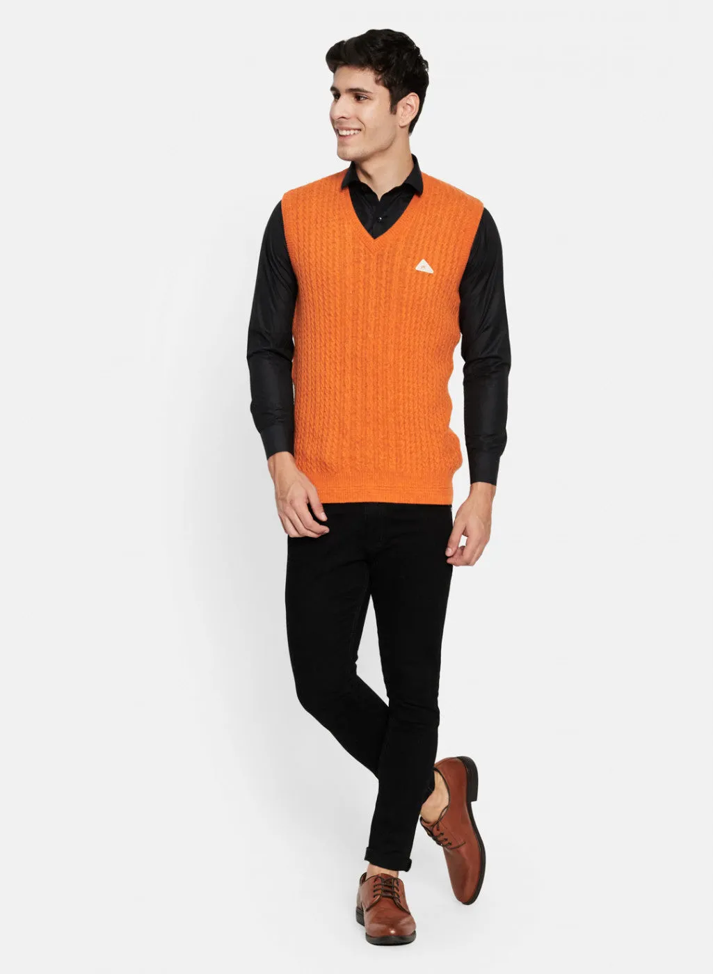 Men Orange Self Design Sweater