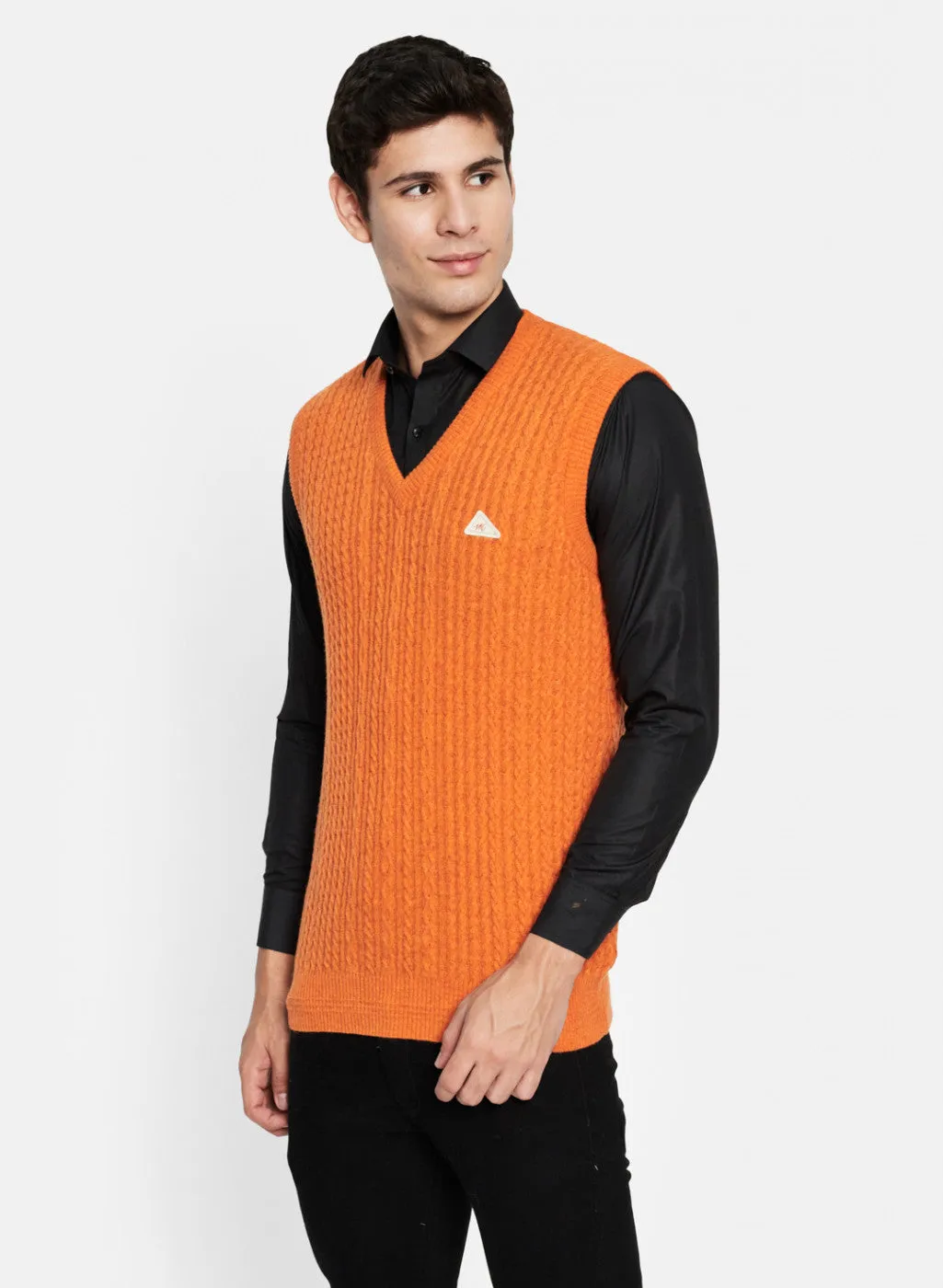 Men Orange Self Design Sweater