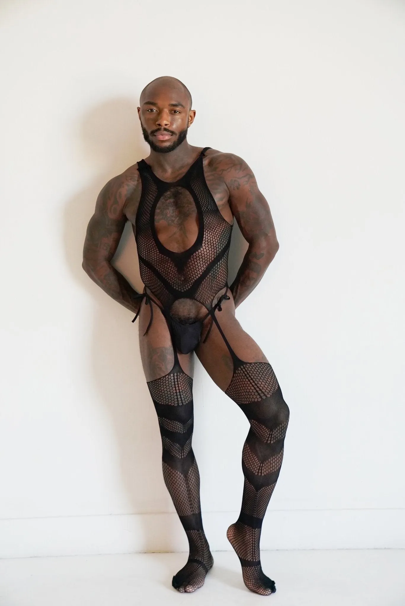 Men's Black Hollow V Fishnet Mesh See-through Bodysuit Stretchable