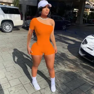 One S Rib Solid Color Short Jumpsuit Orange