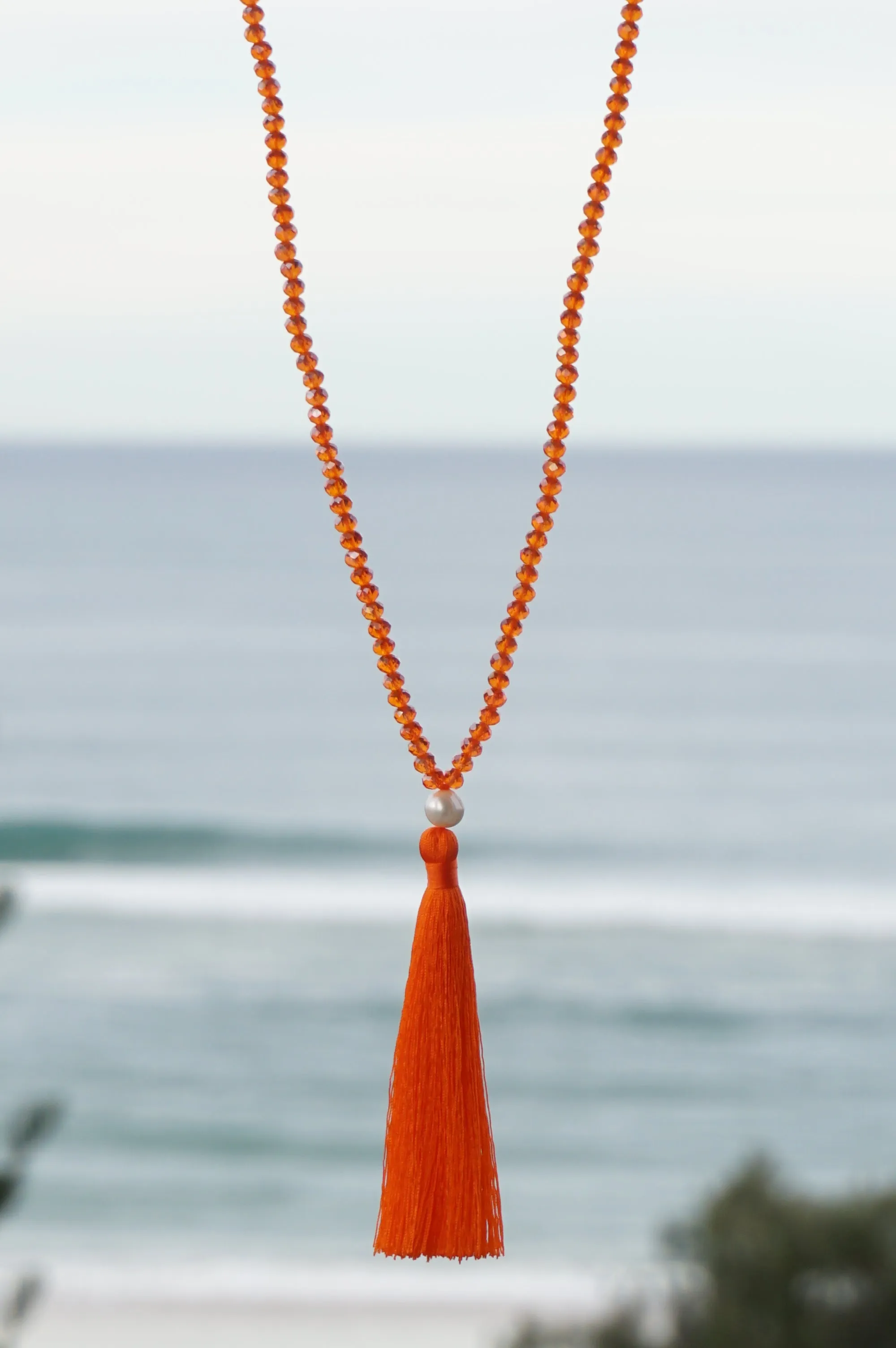 Orange Beaded Pearl Tassel Necklace