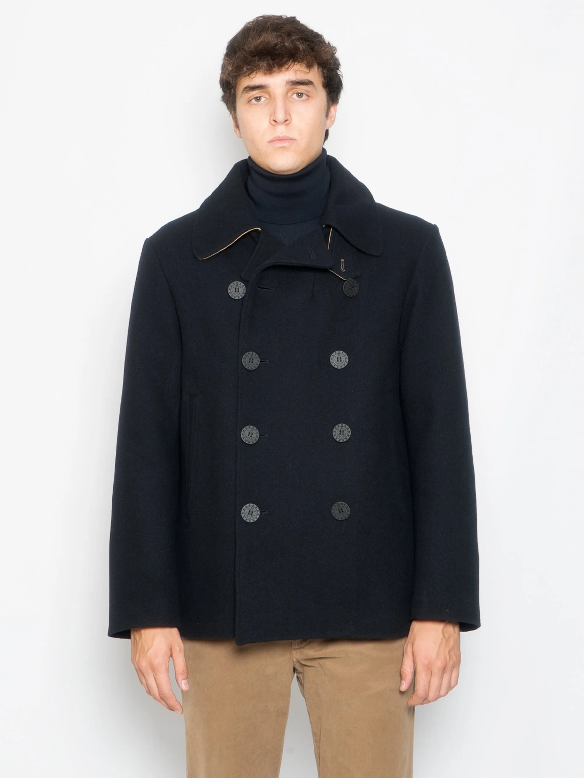 Peacoat in Panno di Lana Blu Navy