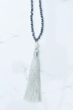 Pewter Beaded Pearl Tassel Necklace