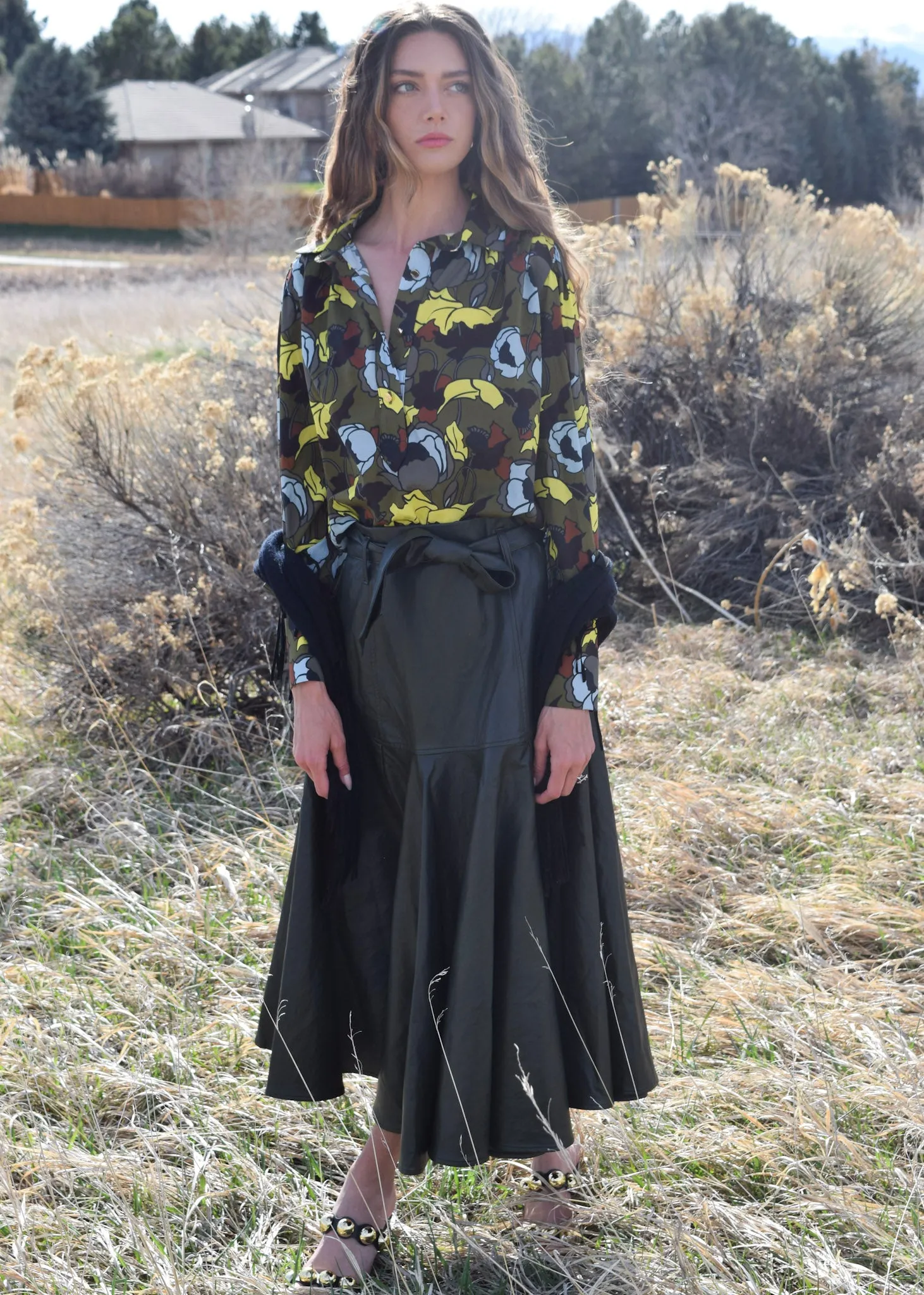 Prairie Midi Skirt (Button Belt) Olive Faux Leather