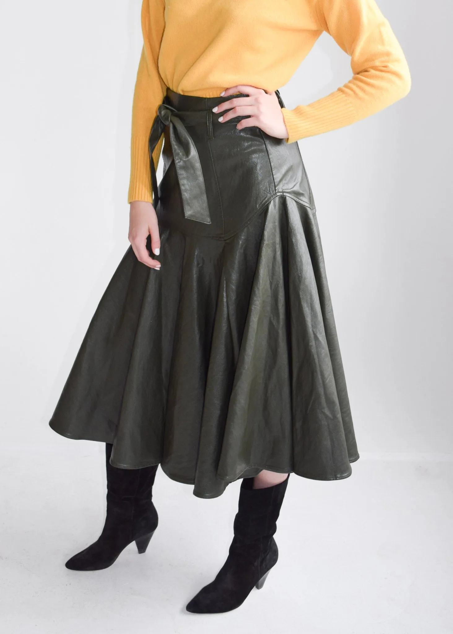 Prairie Midi Skirt (Button Belt) Olive Faux Leather