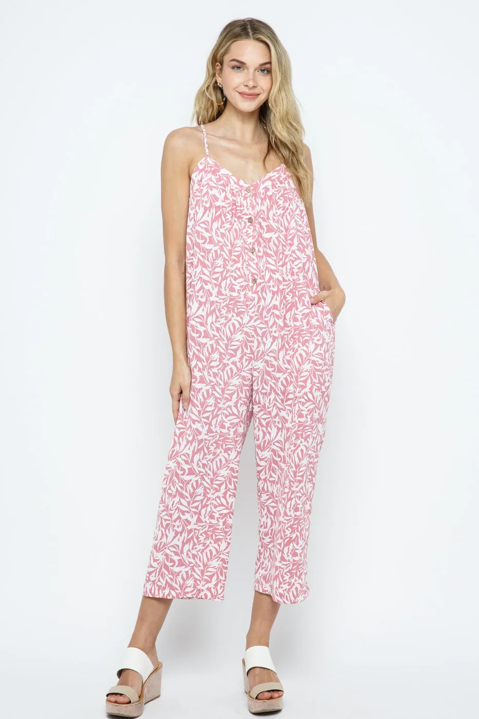 Print Crop Jumpsuit with Adjustable Shoulder Spaghetti Straps