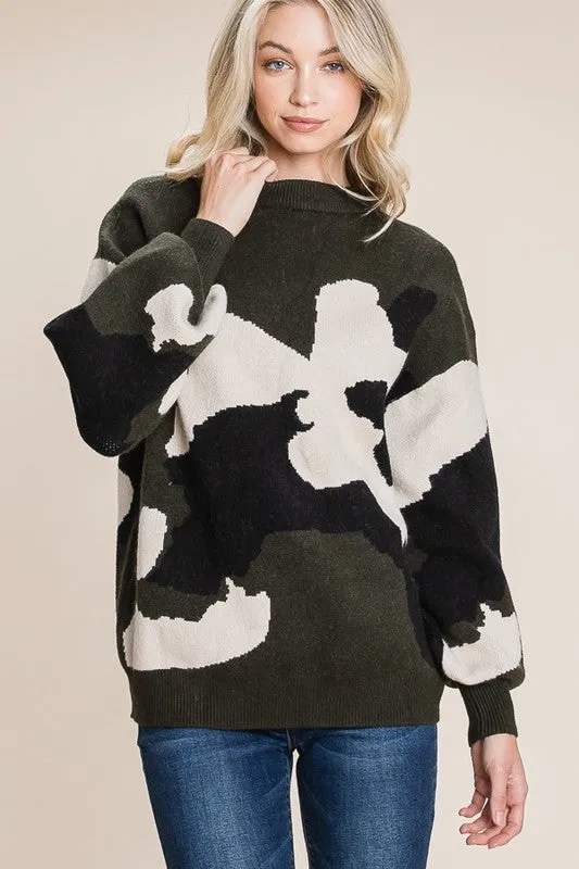 Quinn Camo Pattern Puff Sleeve Sweater