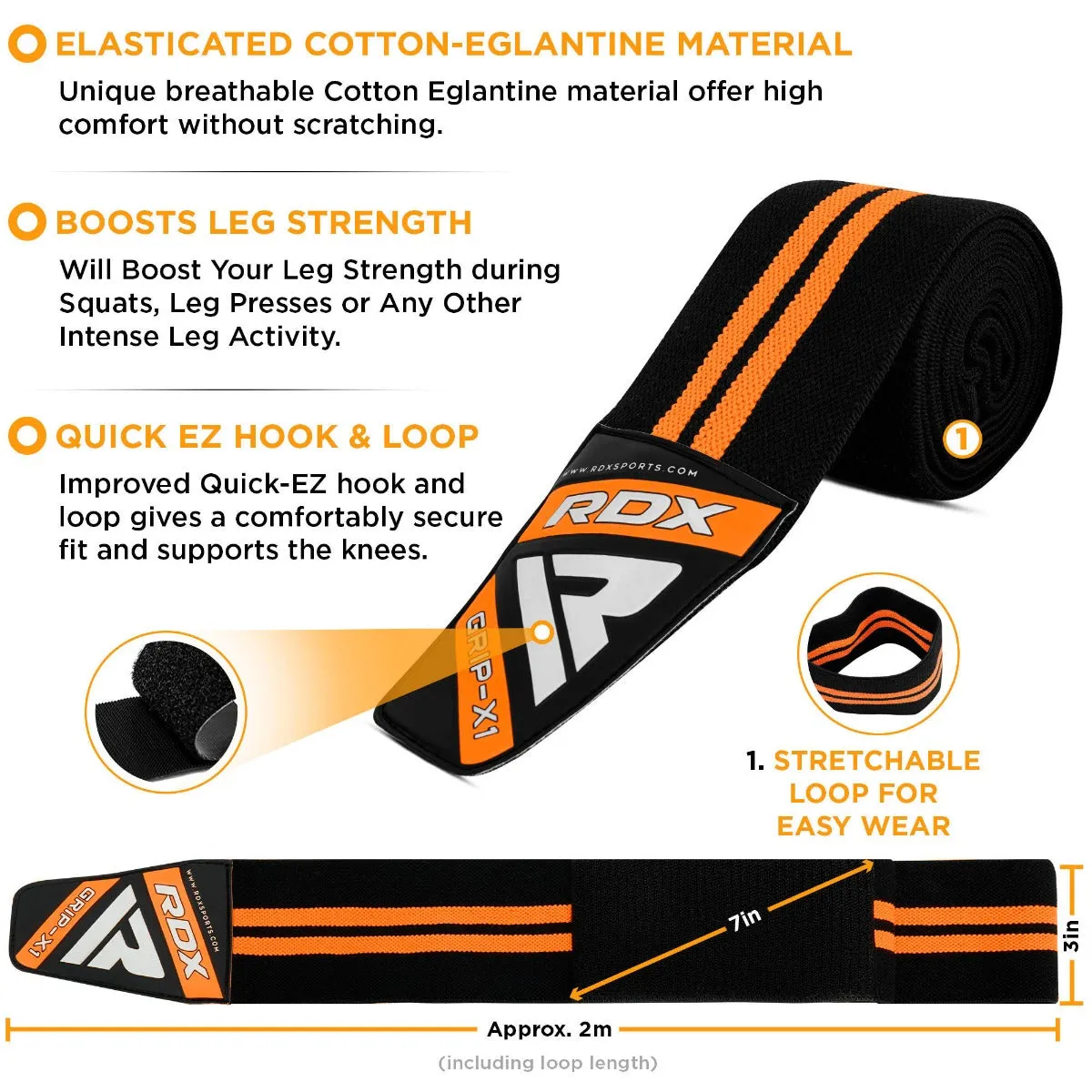 RDX K3 Elasticated Orange Knee Wraps OEKO-TEX® Standard 100 certified