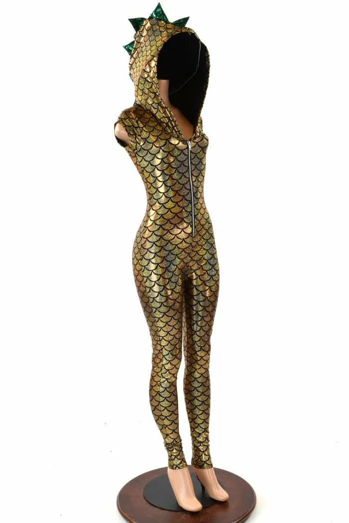 Ready to Ship Gold & Green Zipper Front Catsuit Medium