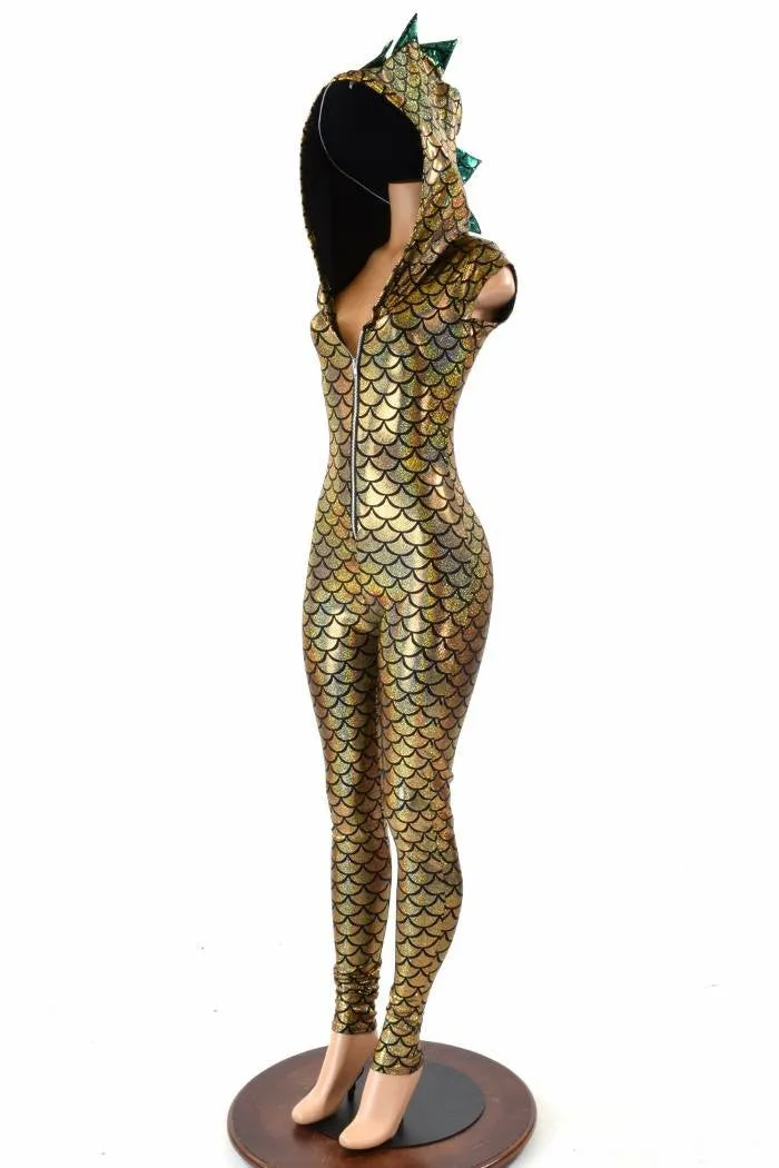 Ready to Ship Gold & Green Zipper Front Catsuit Medium