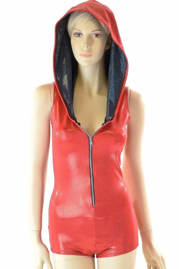 Red Metallic Zipper Hoodie Romper