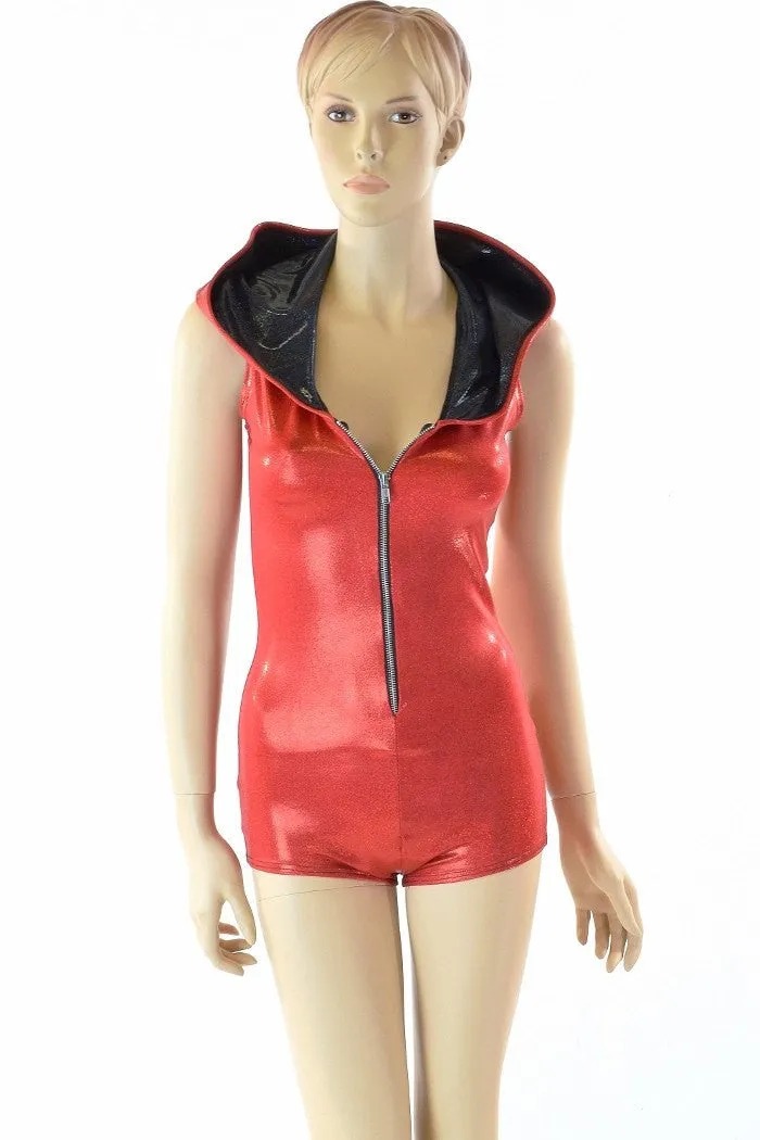 Red Metallic Zipper Hoodie Romper