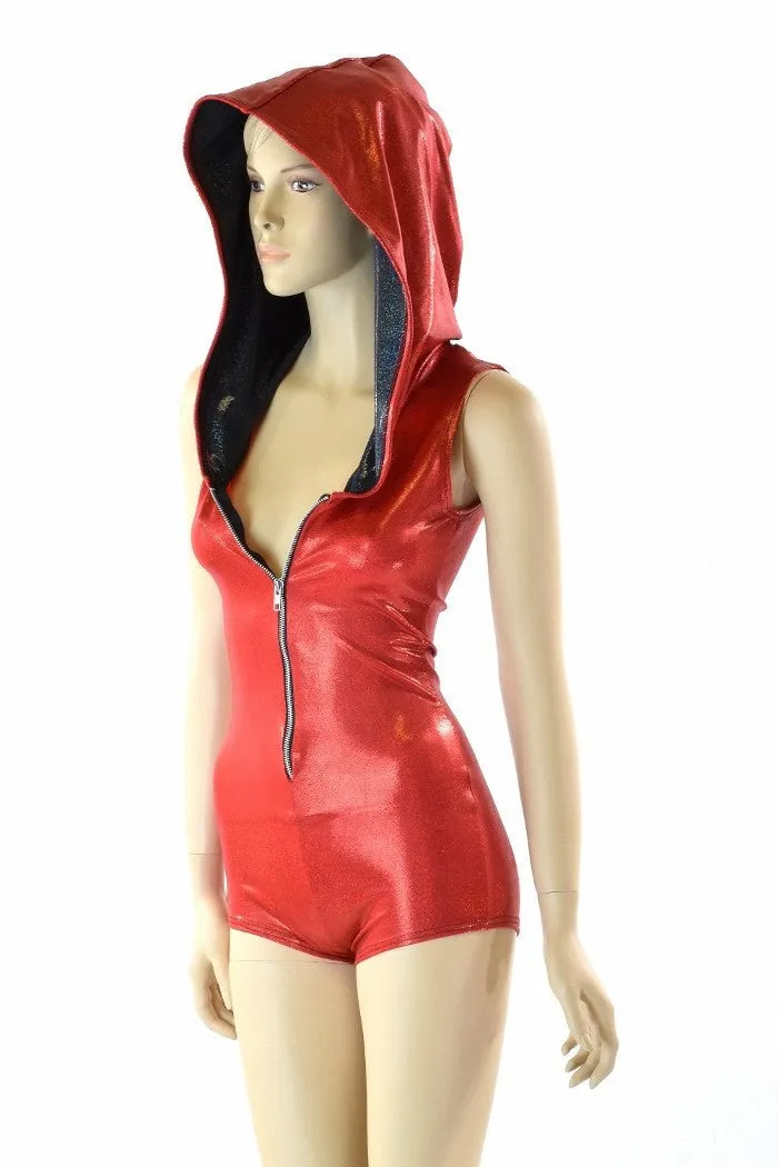 Red Metallic Zipper Hoodie Romper