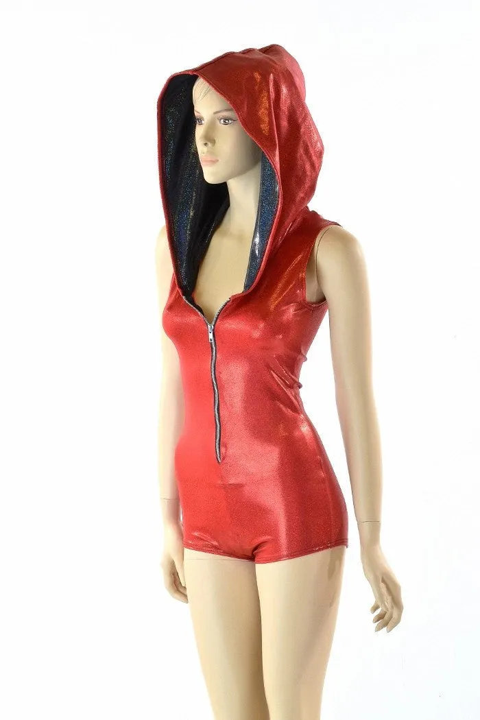 Red Metallic Zipper Hoodie Romper