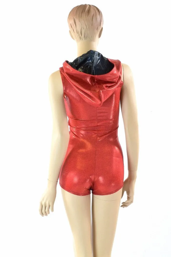 Red Metallic Zipper Hoodie Romper