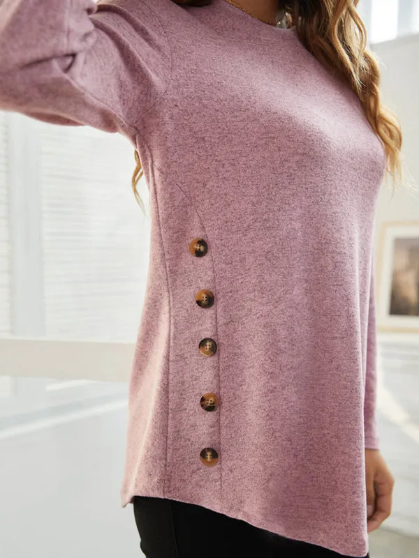 Round Neck Women's Casual Simple Button Long Sleeve T-Shirt