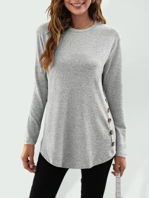 Round Neck Women's Casual Simple Button Long Sleeve T-Shirt