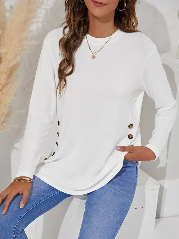 Round Neck Women's Casual Simple Button Long Sleeve T-Shirt