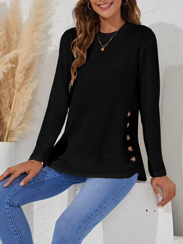 Round Neck Women's Casual Simple Button Long Sleeve T-Shirt