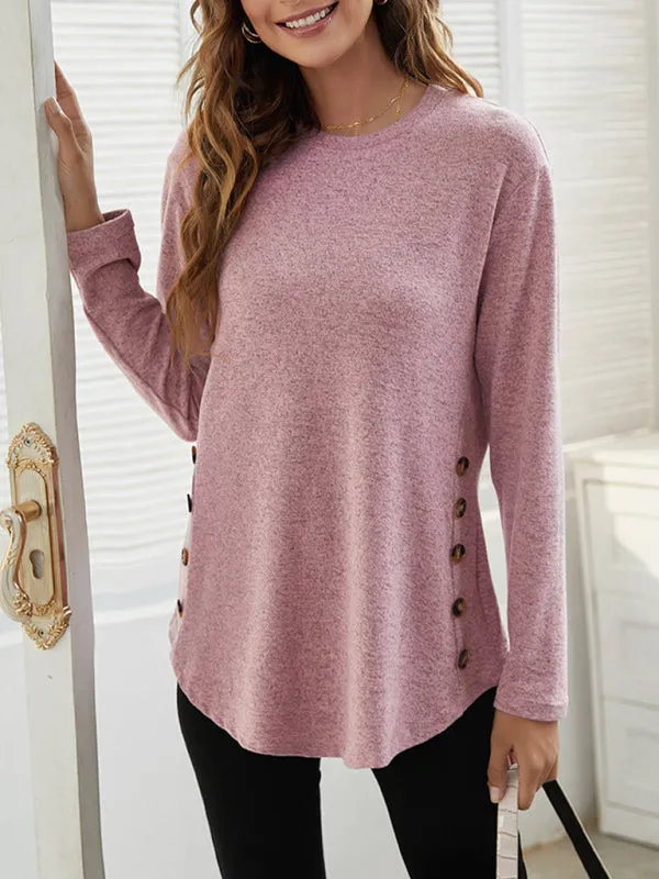 Round Neck Women's Casual Simple Button Long Sleeve T-Shirt