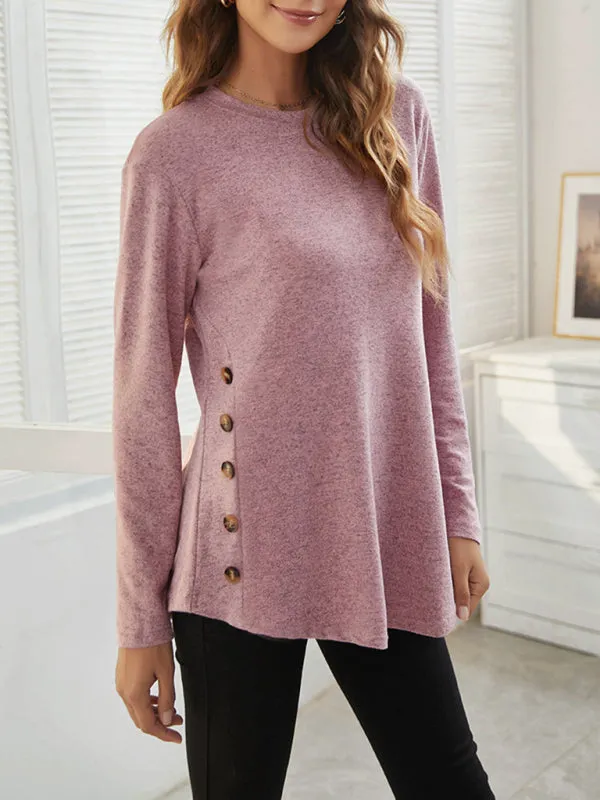 Round Neck Women's Casual Simple Button Long Sleeve T-Shirt