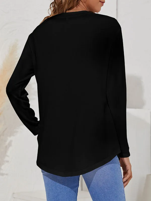 Round Neck Women's Casual Simple Button Long Sleeve T-Shirt