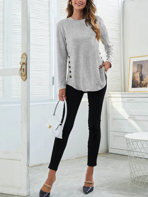 Round Neck Women's Casual Simple Button Long Sleeve T-Shirt