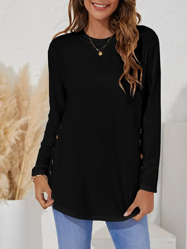 Round Neck Women's Casual Simple Button Long Sleeve T-Shirt