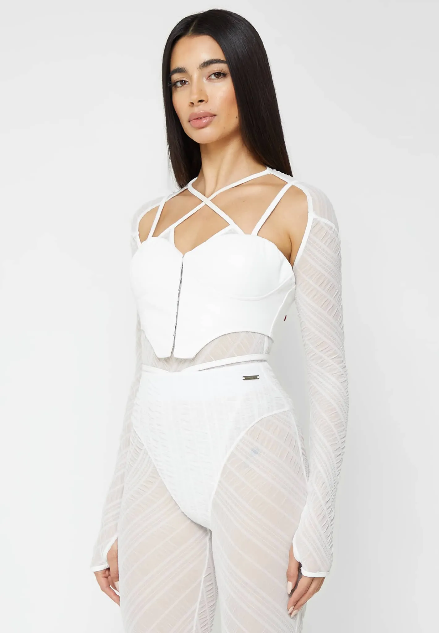 Sheer Bodysuit with Leather Corset - White