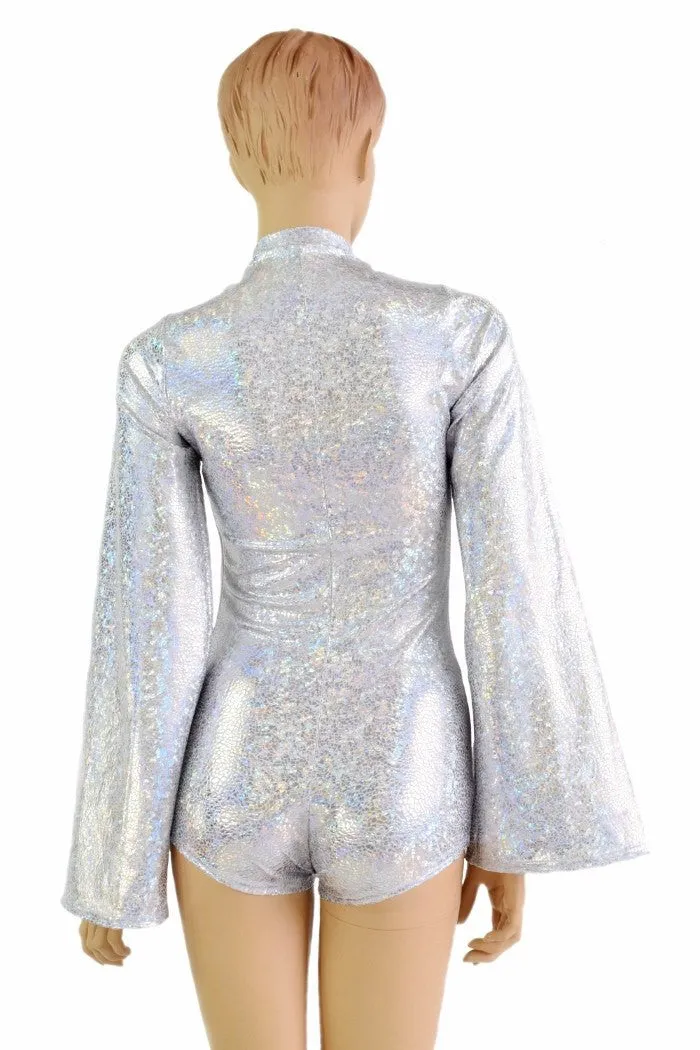 Silver on White Plunging V Bell Sleeve Romper