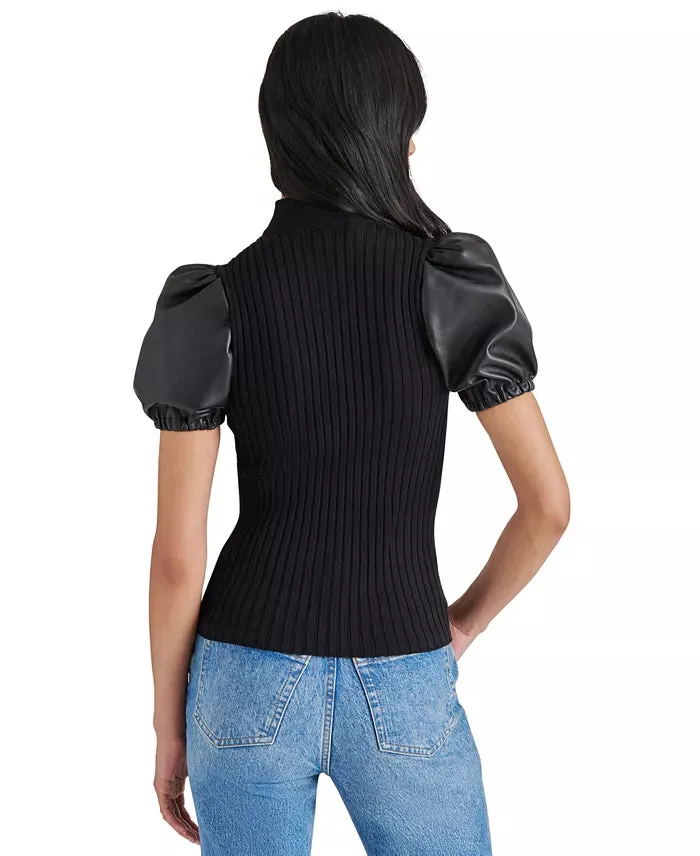 STE Peggy Faux Leather Sleeve Top in Black