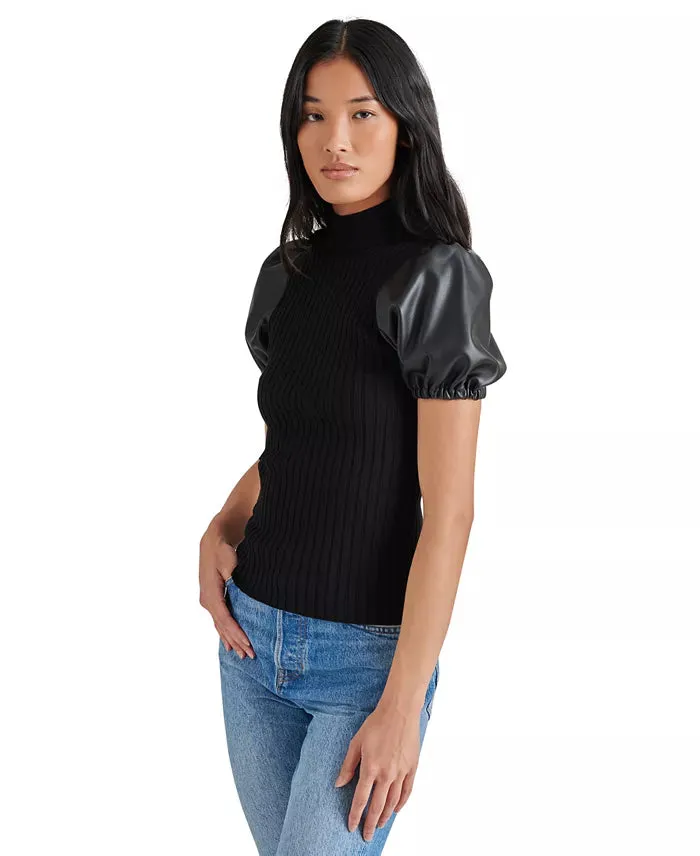 STE Peggy Faux Leather Sleeve Top in Black