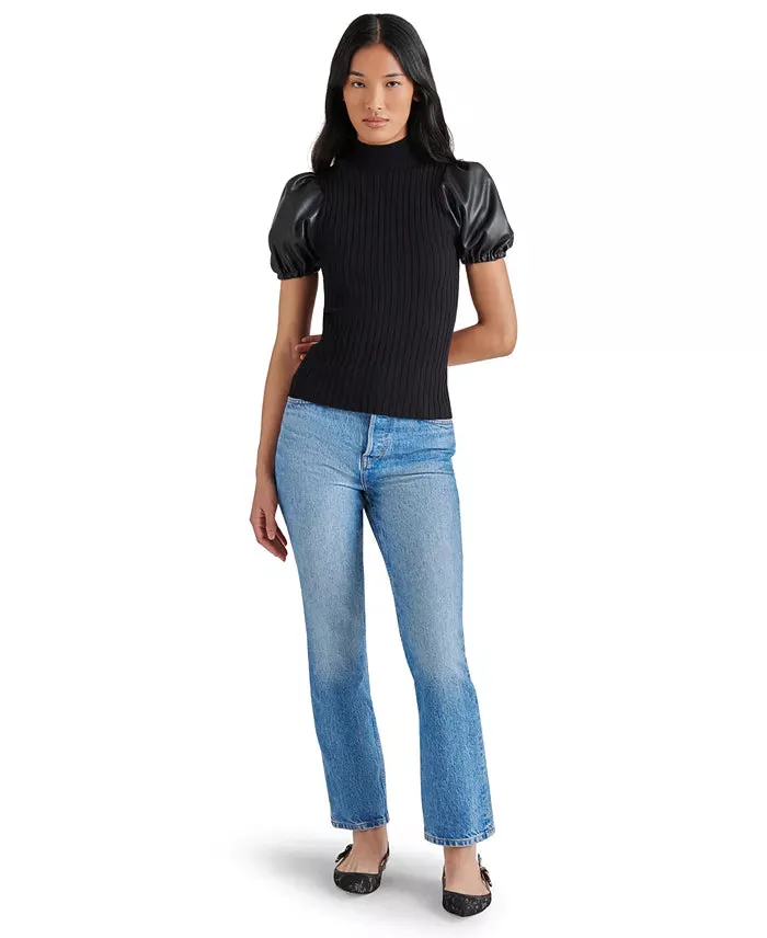 STE Peggy Faux Leather Sleeve Top in Black